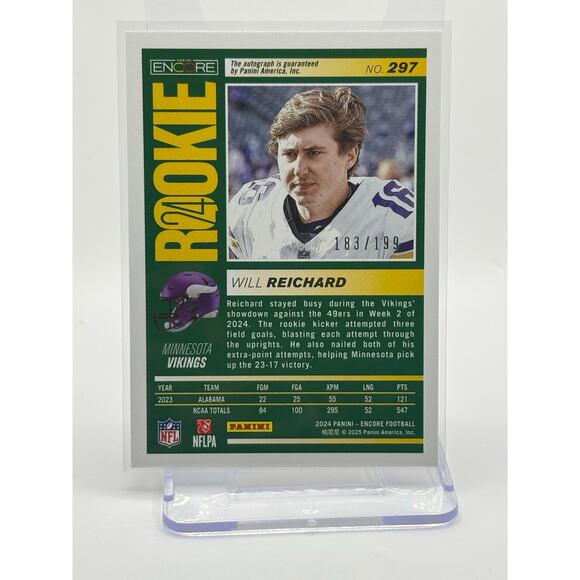 2024 Panini Encore Will Reichard Rookie Auto /199 SP Minnesota Vikings RC - Picture 2 of 2